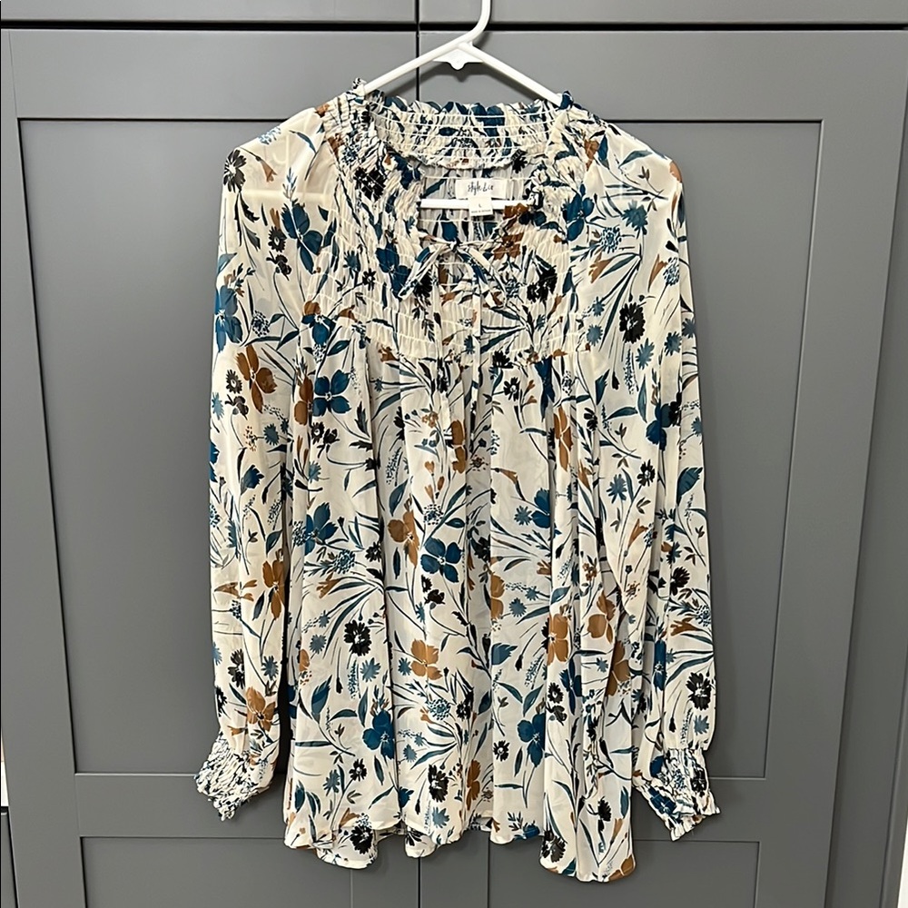 Style & Co. Cream Long Sleeve Ruffled Blouse with Bib Collar